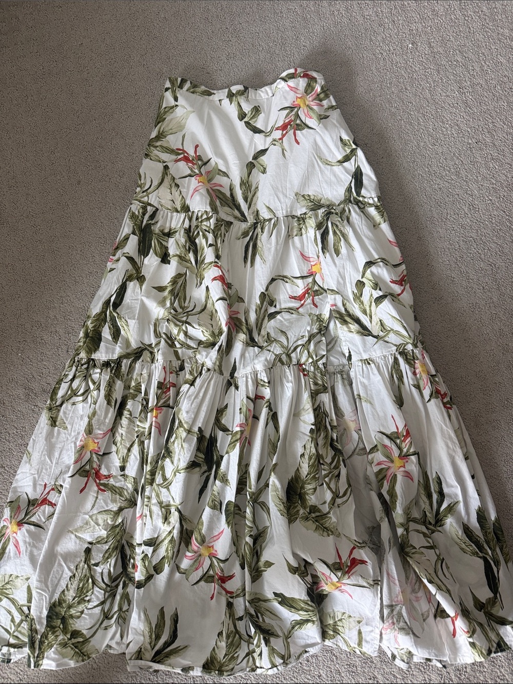 Wayf White Maxi Skirt with Green Leaf and Pink Floral Print